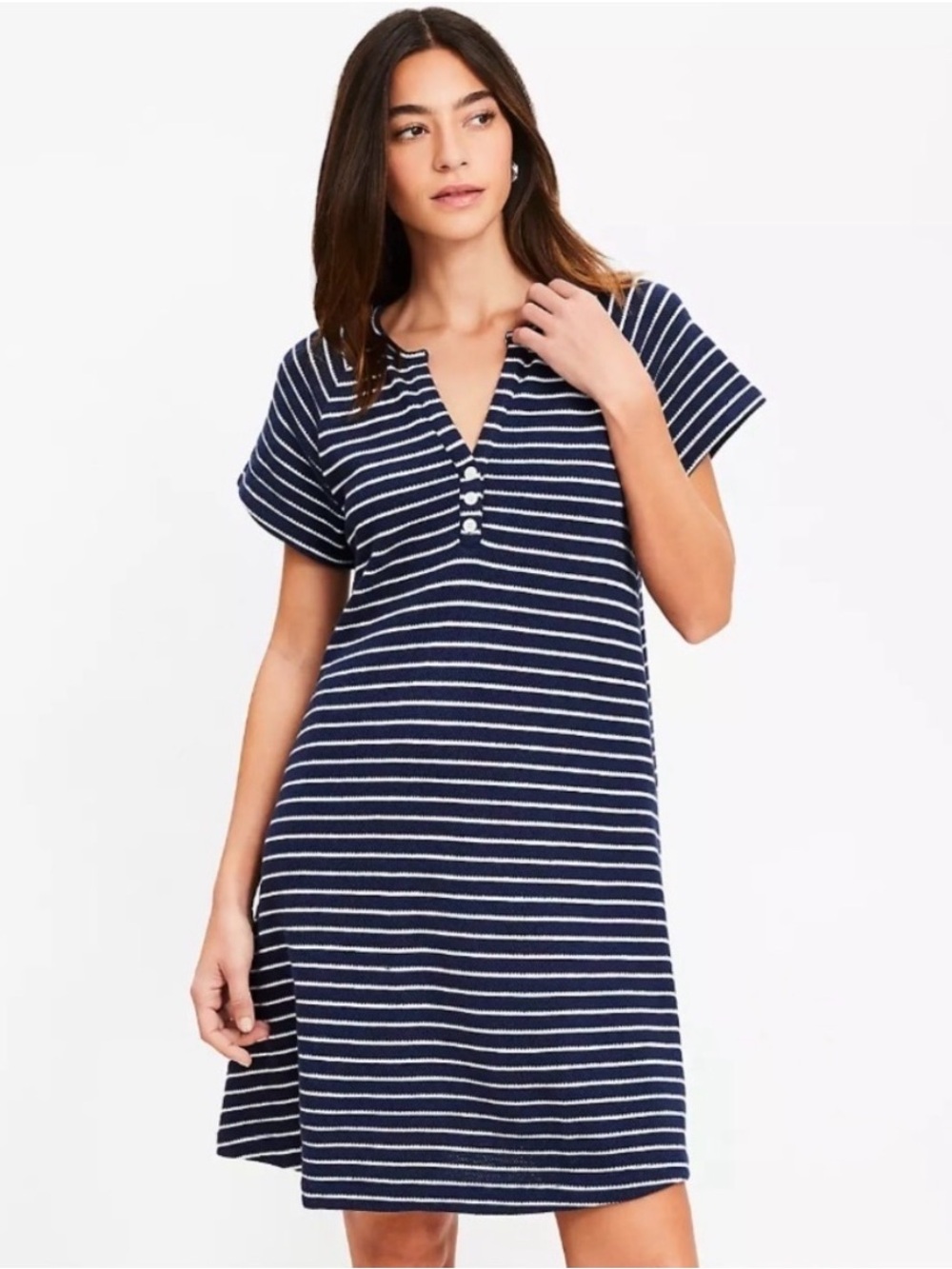 LOFT navy and white striped short-sleeve V-neck knit henley top woman’s Medium